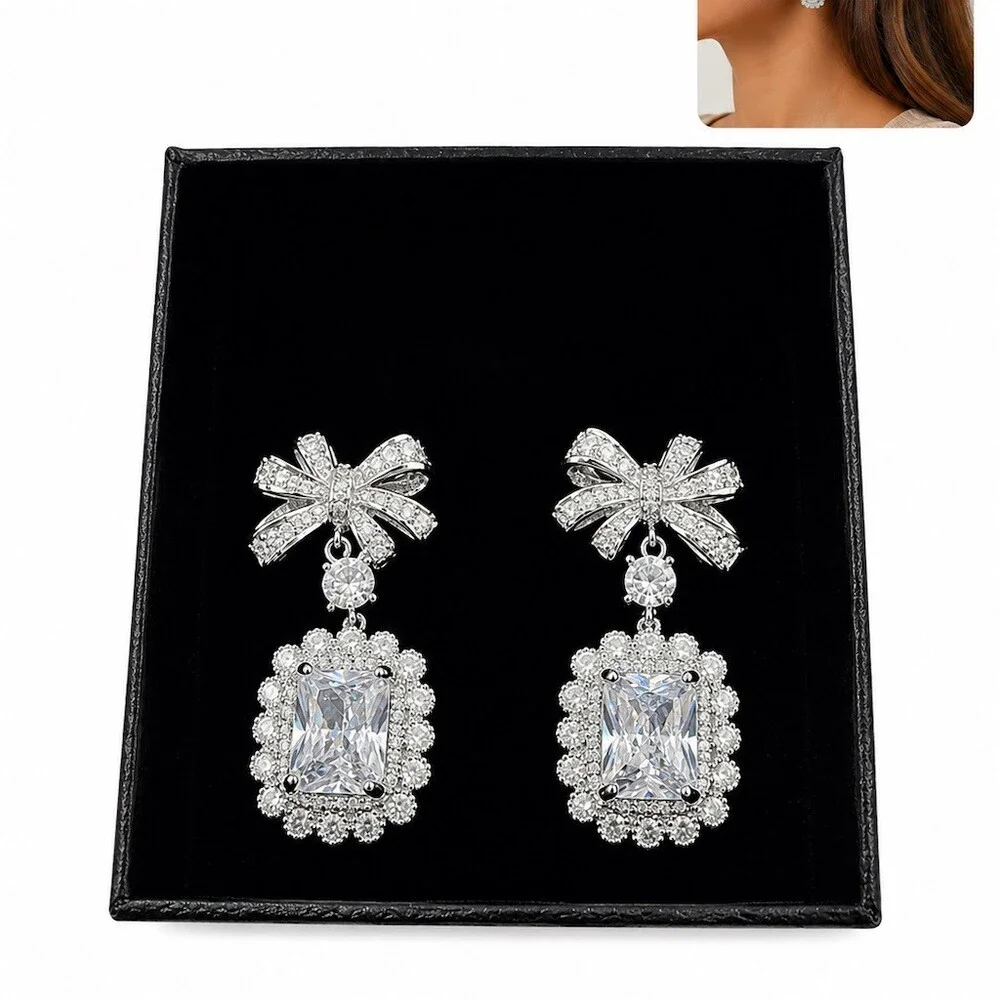 Gold Bow Drop Dangle Earrings CZ Halo Cut Crystal Bridal Statement sparkly bling